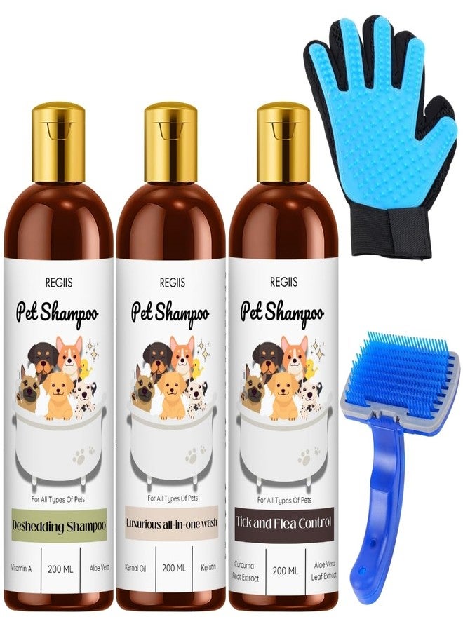 مجموعة شامبو ريجيس للحيوانات الأليفة، طقم عناية بالكلاب مع فرشاة لإزالة الشعر الزائد، وقفاز للعناية، 3 زجاجات سعة 200 مل لكل منها، غسول شامل، مكافحة القراد والبراغيث، تركيبة لإزالة الشعر الزائد لجميع أنواع الحيوانات الأليفة - Image 1